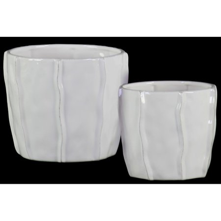 URBAN TRENDS COLLECTION Ceramic Low Pot with Embedded Wave Design Body Gloss Finish White Set of 2 37307